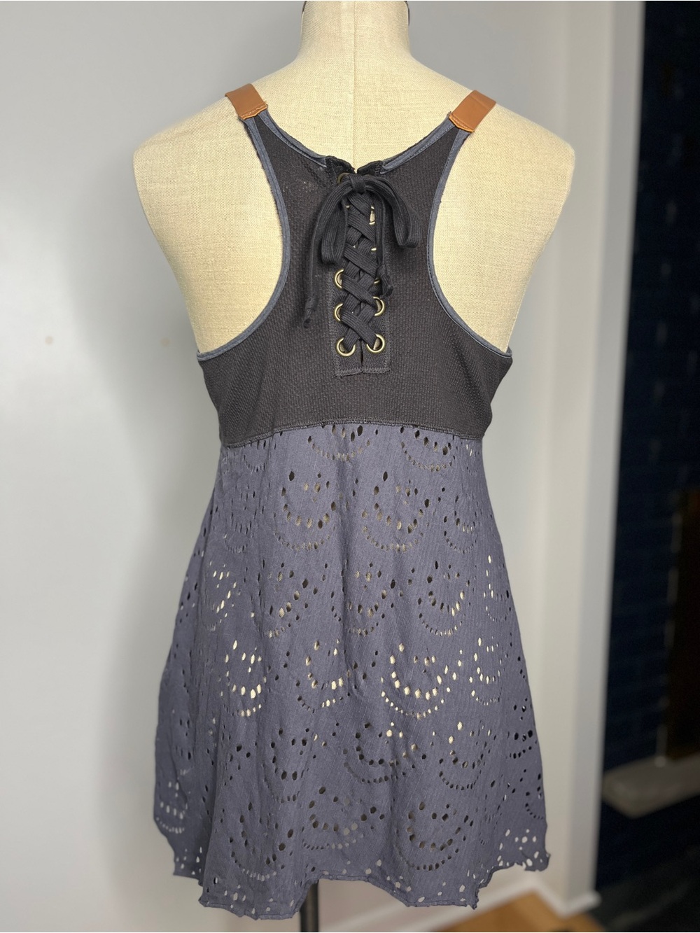 We The Free Charcoal Gray Lace-Up Backless Eyelet tank